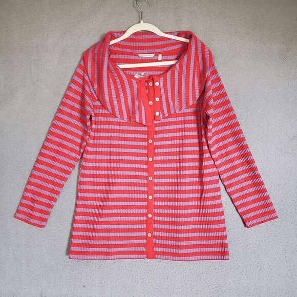 Soft Surroundings Women's Serene Button Collar Stripe Sweater Pink Purple Large - Picture 1 of 6